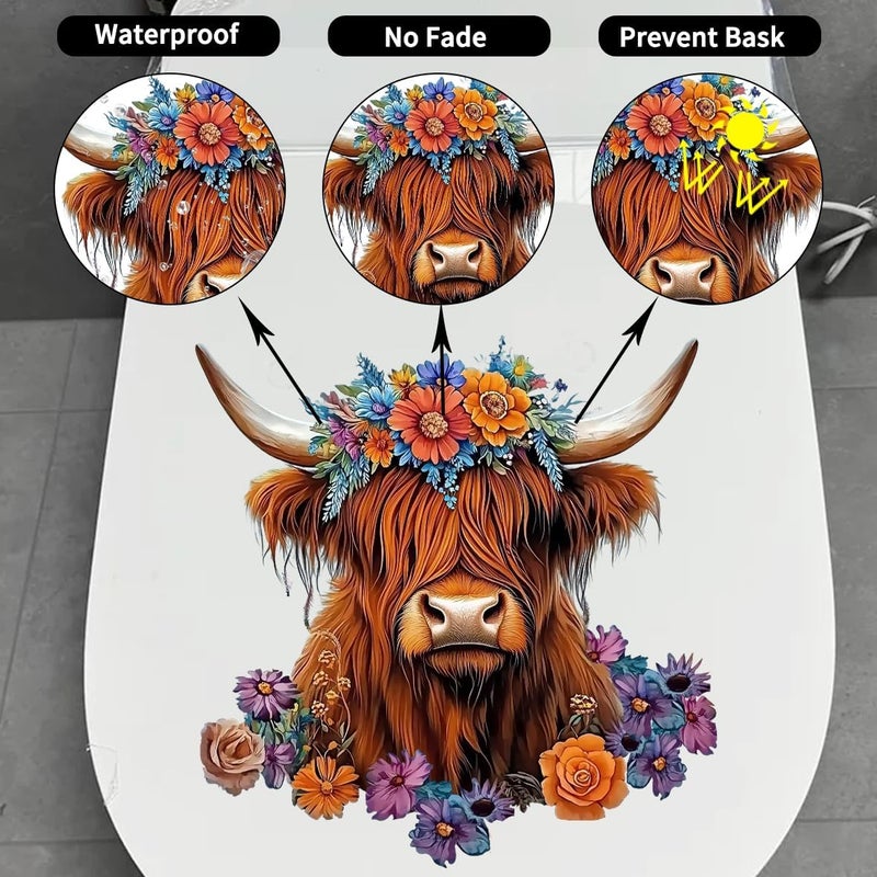 Iprokiu Funny Animal Toilet Seat Cover Decal Waterproof Cartoon Dog Cat Toilet Seat Lid Sticker Dinosaur Duck Washroom Bathroom Decal Home Wall Sticker (Highland Cow) - Image 3